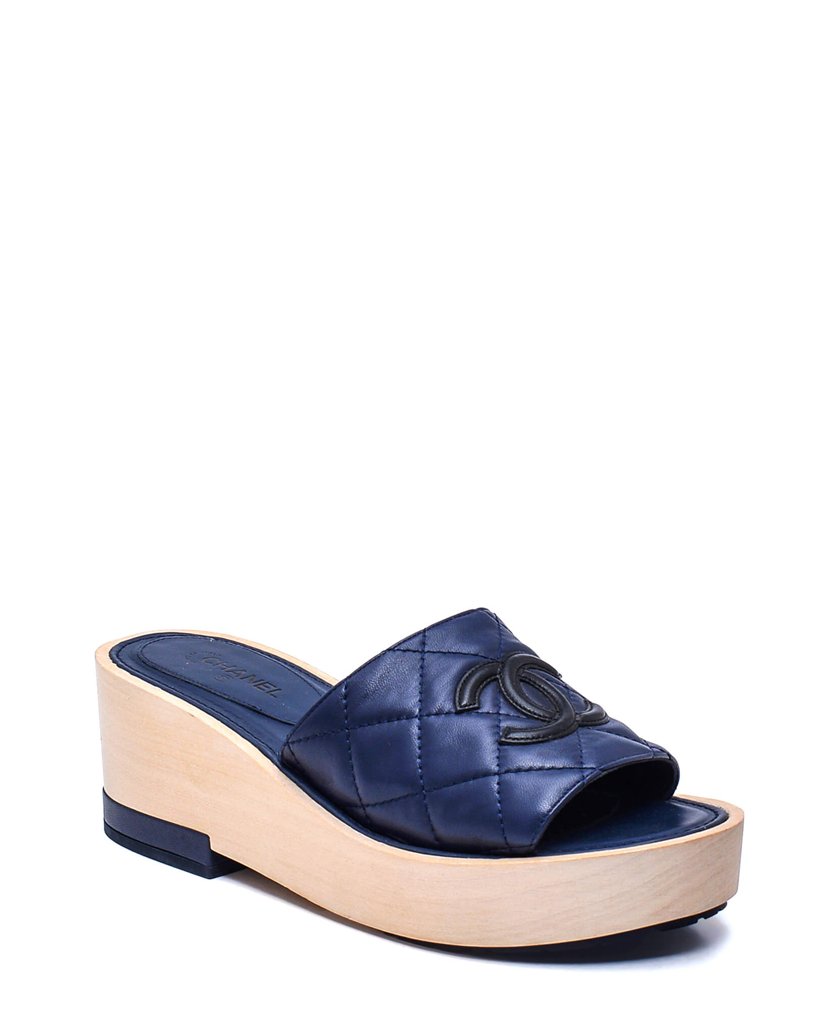 Chanel- Navy Blue Quilted Leather CC Clogs Sandals / 37